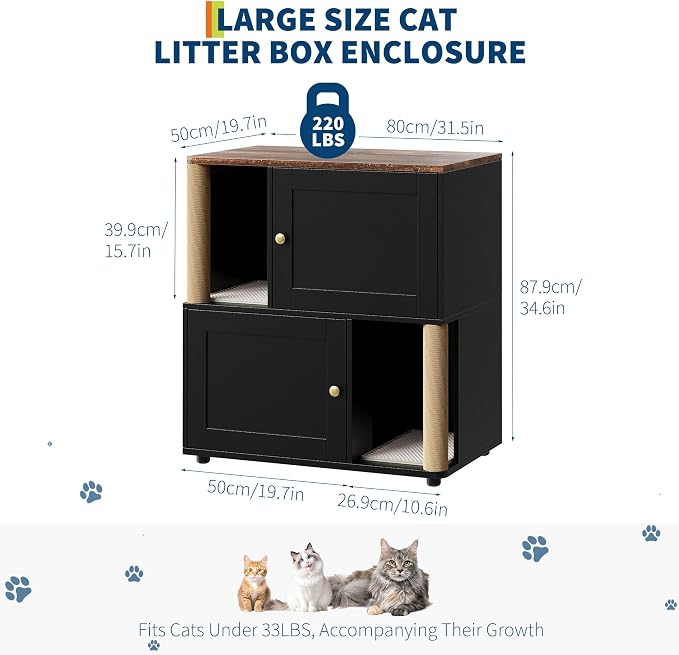 2-Tier Cat Litter Box Enclosure, Wooden Hidden Cabinet Design for 2 Cats, Space-Saving Indoor Pet House End Table with Built-in Scratching Post, Large Privacy Cat Washroom