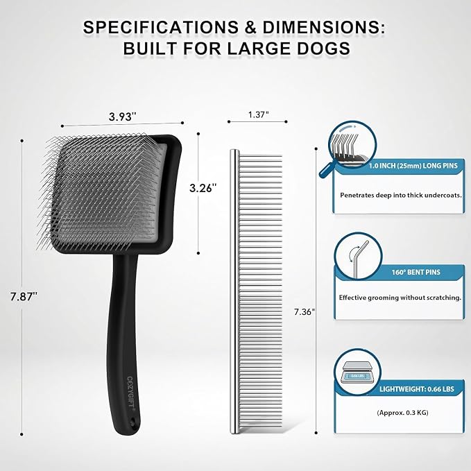 Slicker Brush for Dogs 4PCS- Lrage Dog Grooming Kit, Goldendoodle Labradoodle & Poodles with Detangling Comb for Haired Dogs, Matted Hair & Bath Massage Set, Black