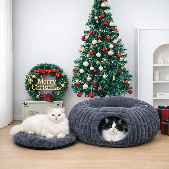 Cat Tunnel Bed Cave - Soft Washable Cushion for Indoor Cats, Peekaboo Hideaway Cave for Indoor Cats, Kittens, Puppies, Rabbits, Luxurious Striped Hare-Feel Fabric, Tunnels for Indoor Cats Large