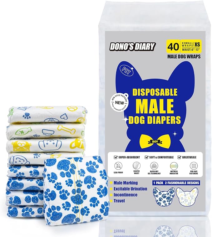 Dono Dog Diapers Male Disposable Male Dog Wraps 40ct Doggie Diapers Wetness Indicator Leak-Proof Dog Belly Wraps, Rapid-Dry Gel Technology Puppy Diapers for Excitable Urination Incontinence, XSmall