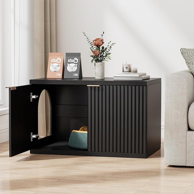 Homhedy Cat Litter Box Enclosure, Modern Fluted Accent Cat Washroom Furniture, Pet House, Fit Most of Litter Box, Black