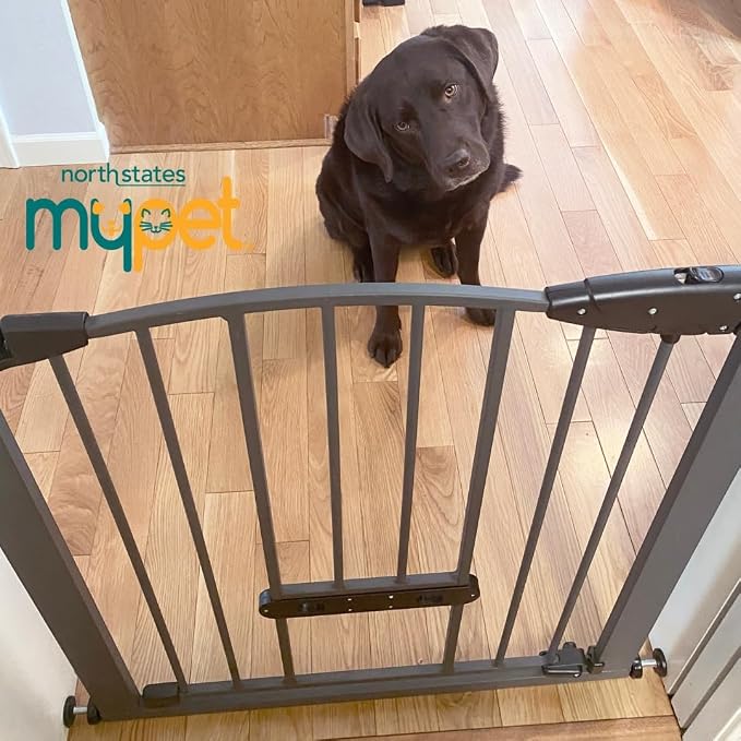 MYPET EasyPass Deco Wide Pet Gate: 29.75" - 40.5" Wide Dog Gate with Adjustable Pass-Thru Pet Door; Pressure Mounted, No Tools Needed, 31" Tall, Graphite Gray
