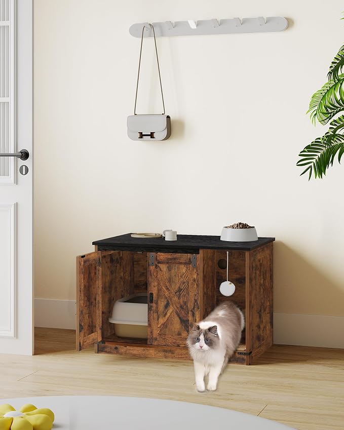 Hzuaneri Cat Litter Box Enclosure, Hidden Litter Box Cabinet Furniture with Bell, Indoor Cats House, Farmhouse Style, 31.5 x 19.7 x 20.9Inches, for Hallway, Bedroom, Rustic Brown and Black CB82401X