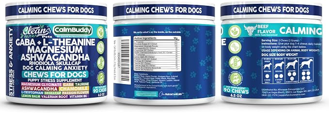 CalmBuddy Anxiety and Stress Relief Supplements GABA L-Theanine Magnesium Ashwagandha Rhodiola Rosea Chamomile L-Tryptophan Skullcap Taurine Valerian Root 60 Beef Flavor Chew By Clean Nutra Pets