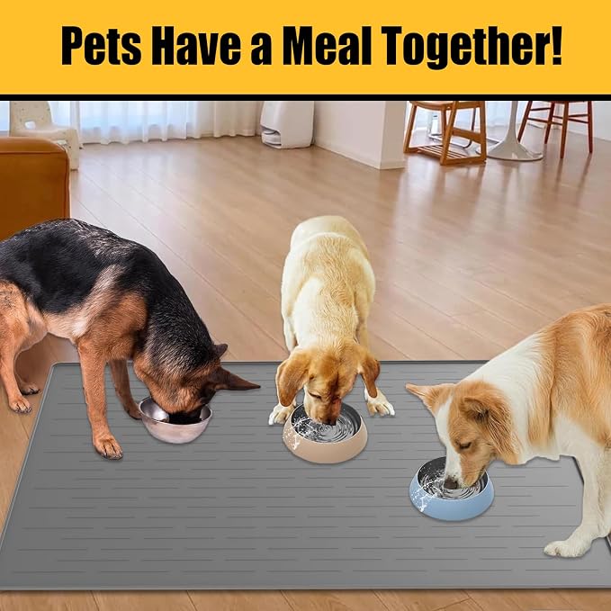 1.5MM Super Thick Dog Food Mat, 40"x30" Silicone Dog and Cat Mats for Food and Water Bowls, Waterproof Pet Feeding Mat for Contain Spills Protects Floors, Multiple Colors & Sizes for Pets, Dark Gray