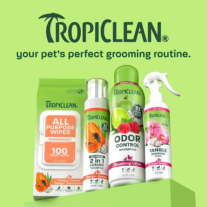 TropiClean Deodorizing Dog Shampoo, Powerful Odor Control, Long-Lasting Raspberry Lime Scent, Puppy Safe, Made in The USA, Cat Friendly, 20oz.
