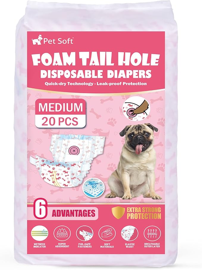 Pet Soft Disposable Dog Diapers - Female Dog Diapers with Adjustable Foam Tail Hole, Ultra Protection Puppy & Cat Diapers Wetness Indicator for Dogs in Heat or Incontinence, 20pcs (M,Red)
