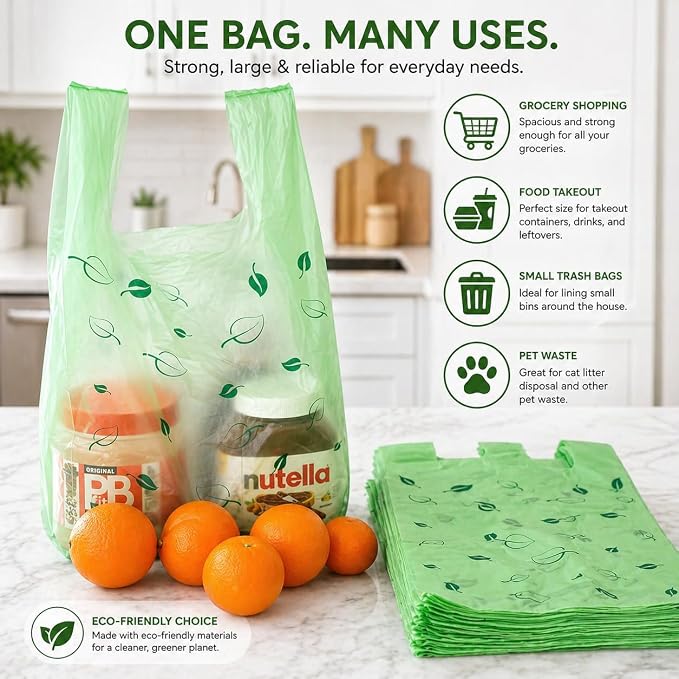 T-shirt Biodegradable Green Plastic Bag (600 ct.) Small Can Liners Thank You Grocery Shooping Size Doggy Poop Bags Compatible with Arm & Hammer Swivel Bin & Rake pooper scooper Multipurpose Bags