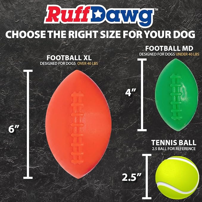 Ruff Dawg Indestructible Football XL 6” Green – Heavy-Duty Solid Rubber Dog Fetch Toy for Dogs 40 lbs & Up – Floats & Crazy Bounce – Made in USA