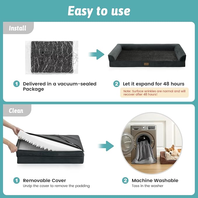 COZY KISS Dog Beds for Extra Large Dog, XXL Bolster Pet Couch with Waterproof Lining, Egg Crate Foam Sofa for Pets Up to 150 lbs, U-Shaped, 48x35x8 inch, Black