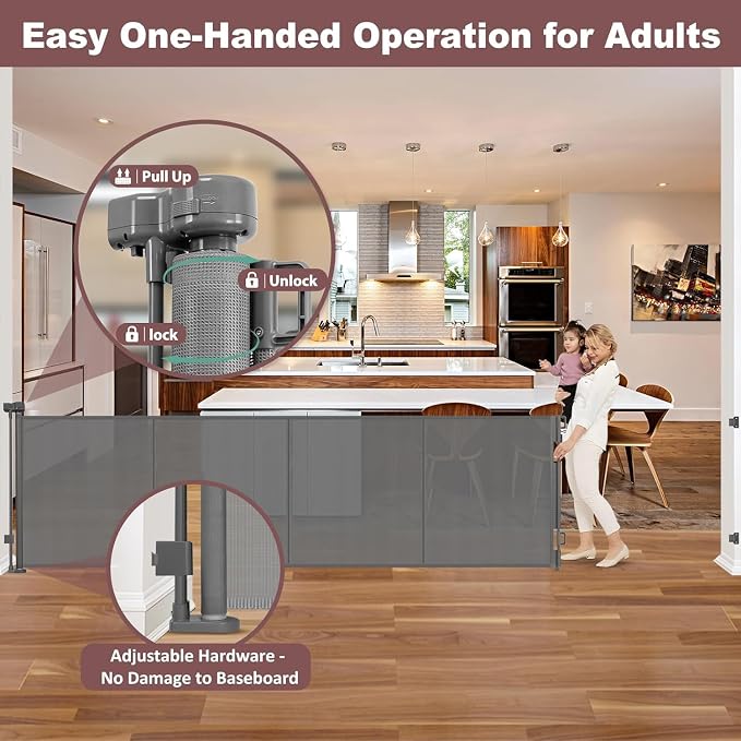 Reinforced 41" Extra Tall Retractable Baby Gates Extra Wide Dog Gate 150" Retractable Pet Gate with Support Rods, Indoor Mesh Gates for Kids or Pets Retractable Fence Outdoor Extra Tall Dog Gate, Gray