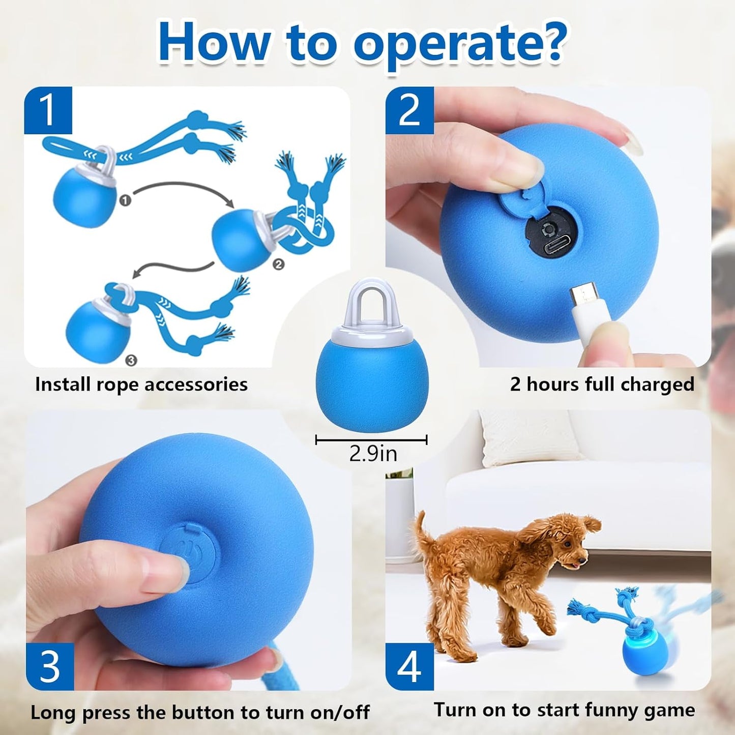Interactive Dog Toys, Moving Dog Ball with Touch Activated, Active Rolling Ball for Puppy and Medium Dogs, Squeaky, USB Rechargeable