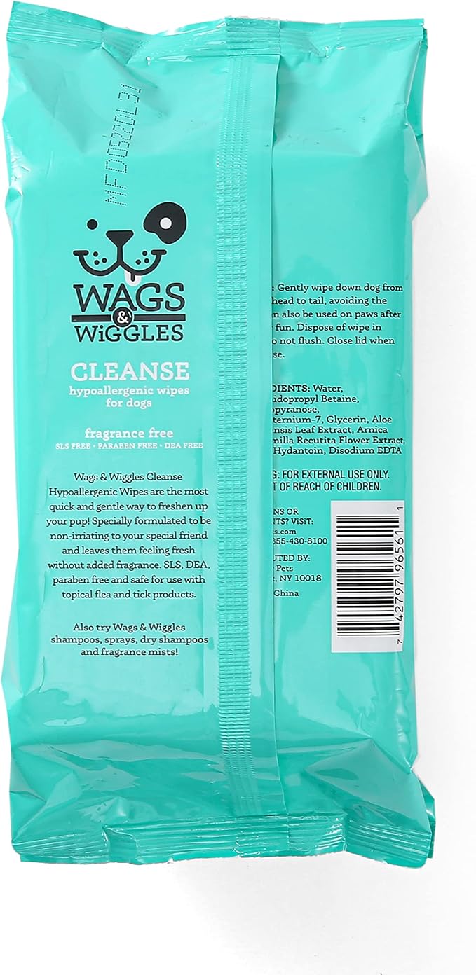 Wags & Wiggles Hypoallergenic Dog Wipes for Sensitive Skin, Fragrance-Free Waterless Cleansing Cloths for Paws, Face, and Dog Body, No SLS, Parabens, or DEA, 100 Count - 12 Pack