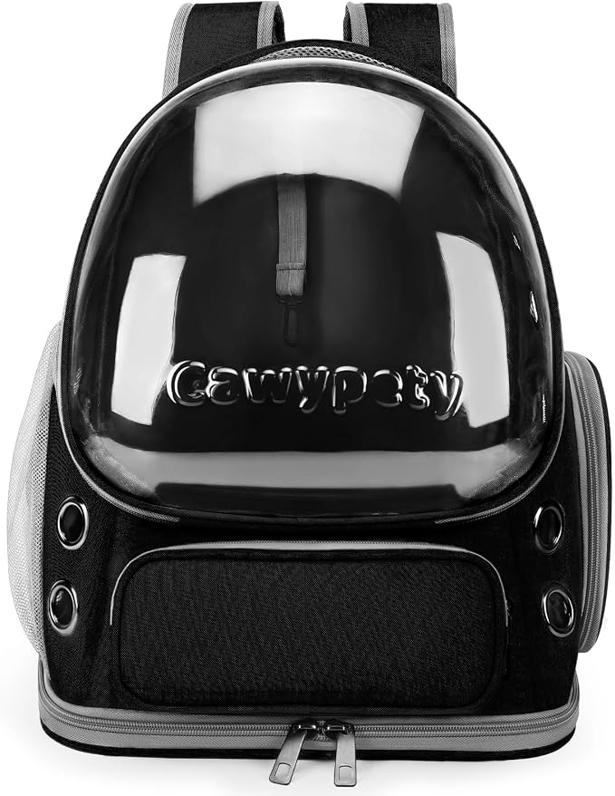 Cawypety Cat Backpack Carrier, Breathable Cat Carrier Large Space Bubble Pet Backpack for Kitty Small Dog up to 12lbs, Transparent & Foldable Pet Carrier for Travel Hiking (Black