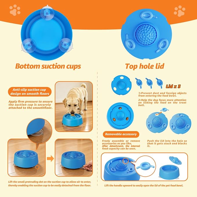 Slow Feeder Dog Bowls, Dog Lick Bowl with Built-in Rolling Ball for Wet Food, Bone Broth & Yogurt, Non-Slip Base, Interactive Enrichment Toy for Safe & Fun Feeding (Blue)