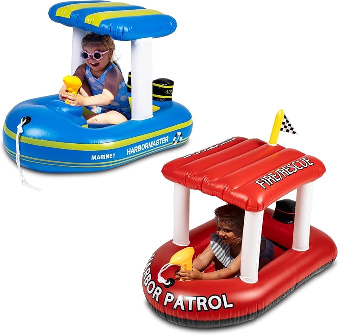 Police Boat Inflatable Pool Floats Kids, Toddler Harbor Master Police Patrol Inflatable Boat Pool Float Ride On, Fun Water Toy Squirter Pool Toy, Police & Fire Rescue Theme Pool Raft for Boys, Girl