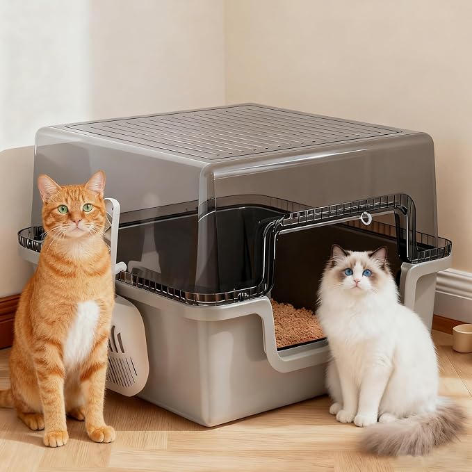 Oneluck XXL Covered Cat Litter Box with Scoop,Easy to Clean,Extra Large Non-Stick Pan for Multi-Cat Households (21" L x 21" W x 16" H)