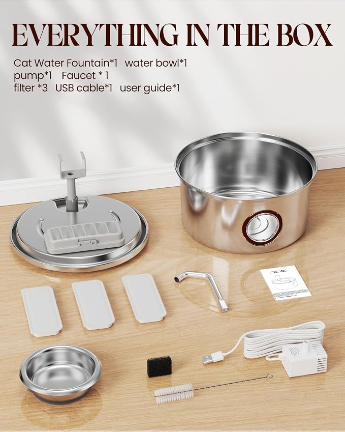 Cat Water Fountain Stainless Steel - 108oz/3.2L Ultra-Quiet Cat Fountain for Drinking with Removable Water Bowl, Kitty Spout Fountain with 3 Filters Supplies for Cats, Small Dogs, Multiple Pets