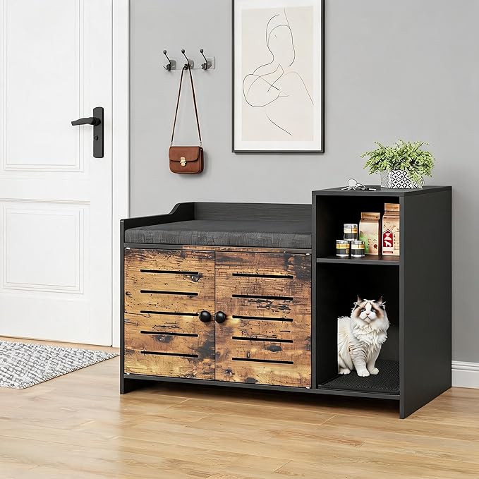 Cat Litter Box Enclosure, Hidden Litter Box Cabinet Furniture with Scratch Pad, Farmhouse Indoor Cats House with Storage Layer for Hallway, Bedroom