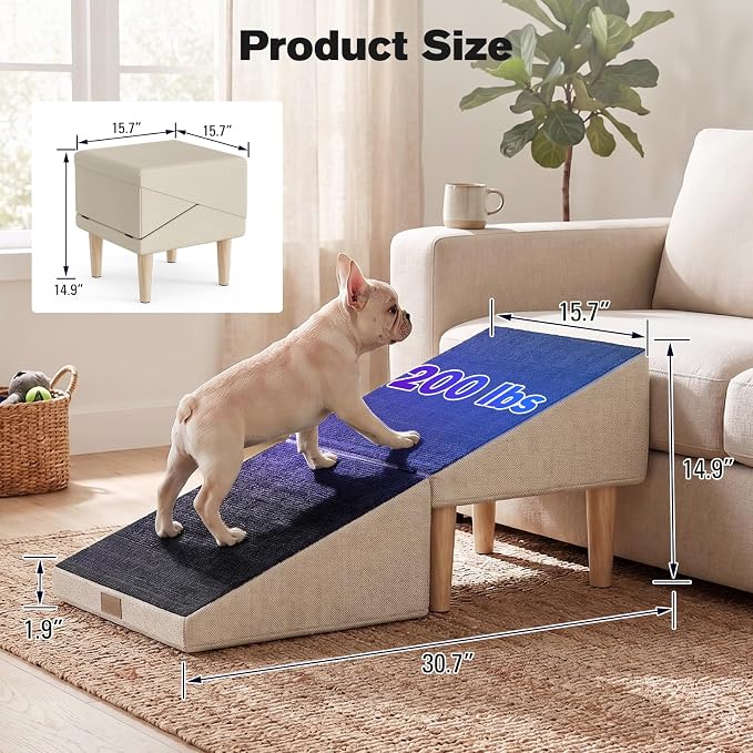2-in-1 Folding Dog Ramp & Stairs for Small Dogs and Cats Split Ottoman for Couch/Bed, with Removable Washable Anti-Slip Mat & Cleaning Brush, Khaki