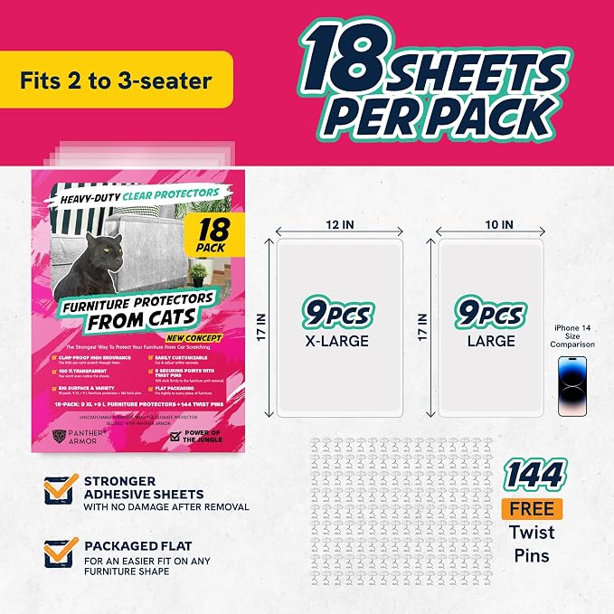 18 Pack Cat Scratch Furniture Protector Sheets – Clear Couch & Sofa Guard from Cat Claws – Easy Apply, Removable, with Twist Pins (9 XL + 9 Large)