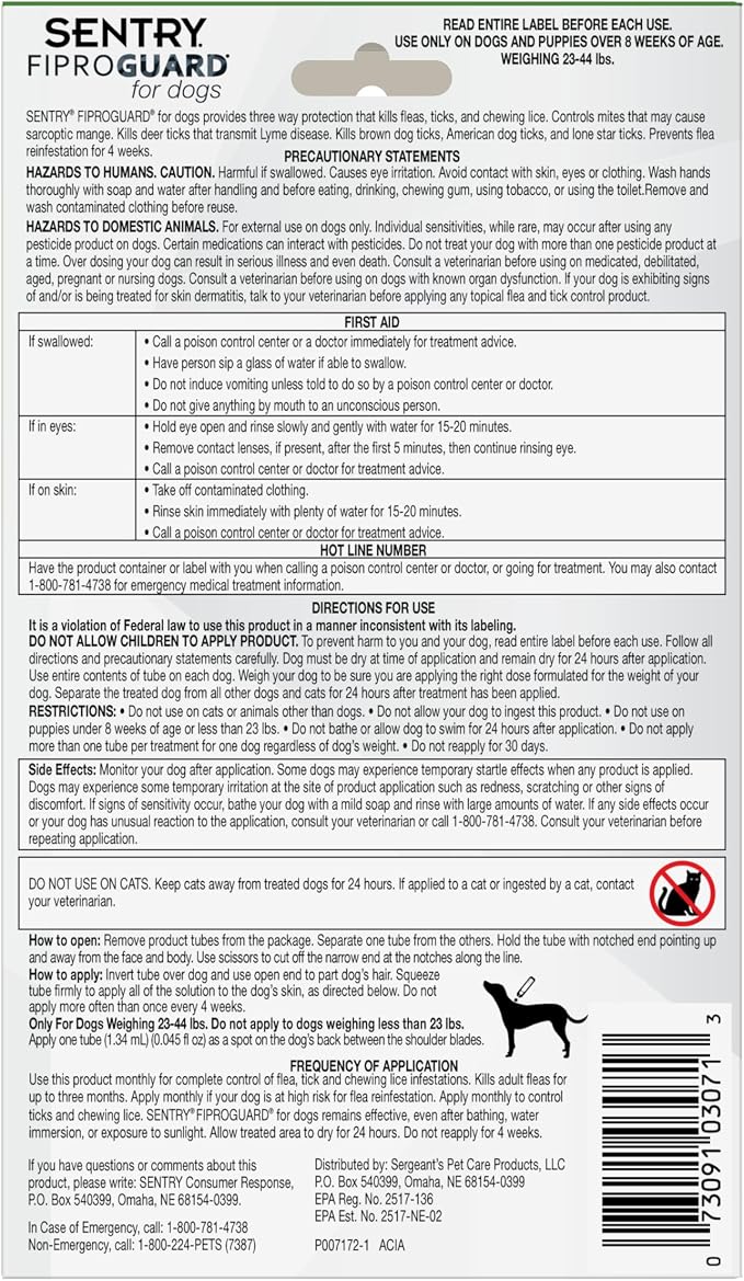 Sentry Fiproguard for Dogs, Flea and Tick Prevention for Dogs (23-44 Pounds), Includes 6 Month Supply of Topical Flea Treatments
