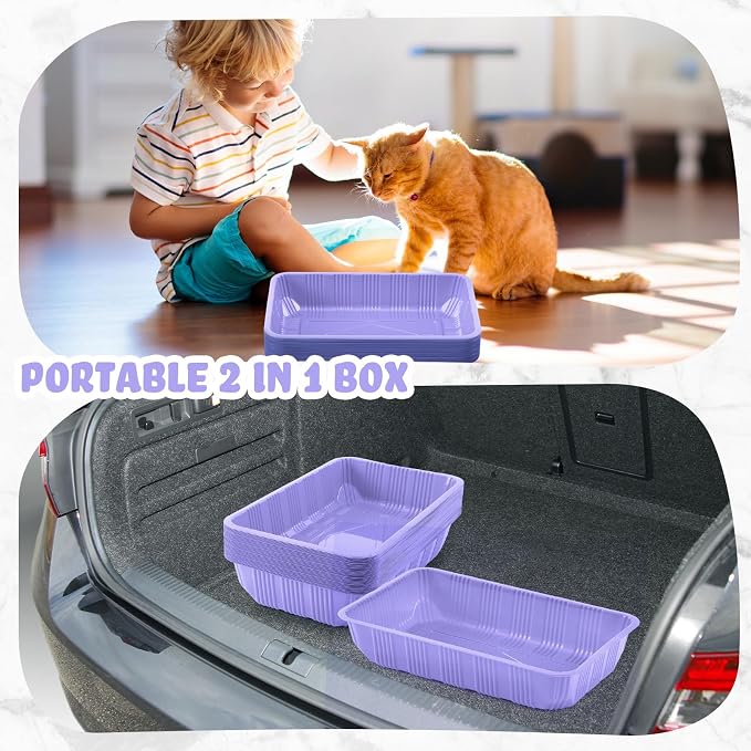 Tessco for you 30 Pack Disposable Cat Litter Boxes, Plastic Leakproof Litter Trays for Cats, Disposable Travel or Temporary Litters Pan for Kittens and Small Pets, 16.7 x 10.5 x 3.4 Inch(Light Purple)