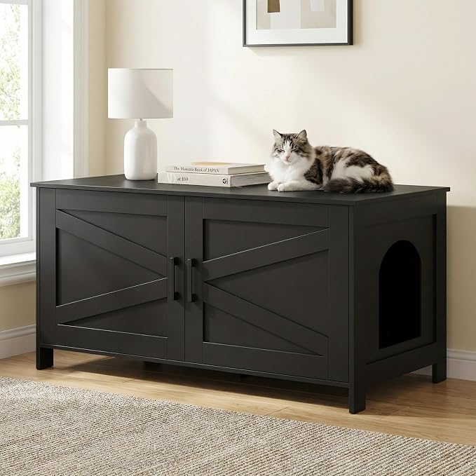 Homhedy 39.4" L Cat Litter Box Enclosure, Pet House with Barn Door, Wooden Cat Washroom Furniture,Fit Most of Litter Box, Black