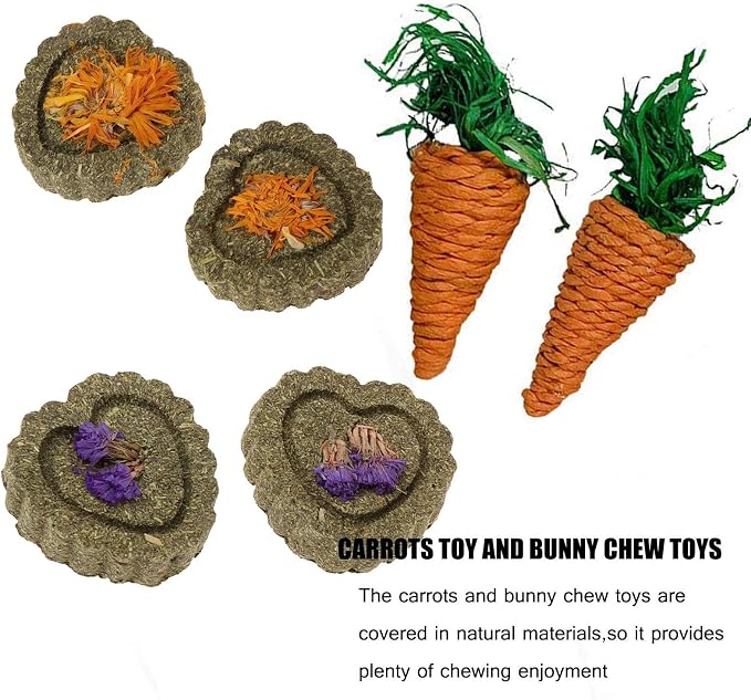 kathson 2 Pcs Large Rabbit Grass House Natural Foldable Hand Woven Seagrass Bed Carrot Hay Toy Hut Safe Comfortable Playhouse with 6 PCS Bunny Chew Toys for Bunny Hamster Guinea Pig Chinchilla Ferret
