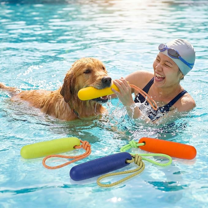Skylety 4 Pack Floating Dog Toys with Rope Handle EVA Dog Bumper Throw Stick for Water Training Fetch Retrieving High Visibility Pool Water Toys for Beach Diving Pool Yard Summer Outdoor Play