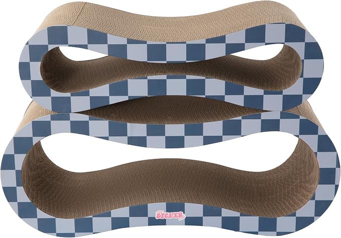 Suvi 26" Modern Cardboard Infinity 2-in-1 Lounge Bed Cat Scratcher with Catnip, Navy/Blue Checker, Corrugated Surface and Tunnel for Indoor Cats CSR1014J
