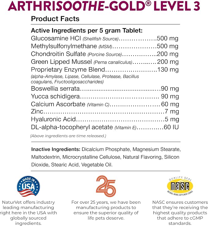 NaturVet ArthriSoothe Gold Tablets Time Release, 120 Pills