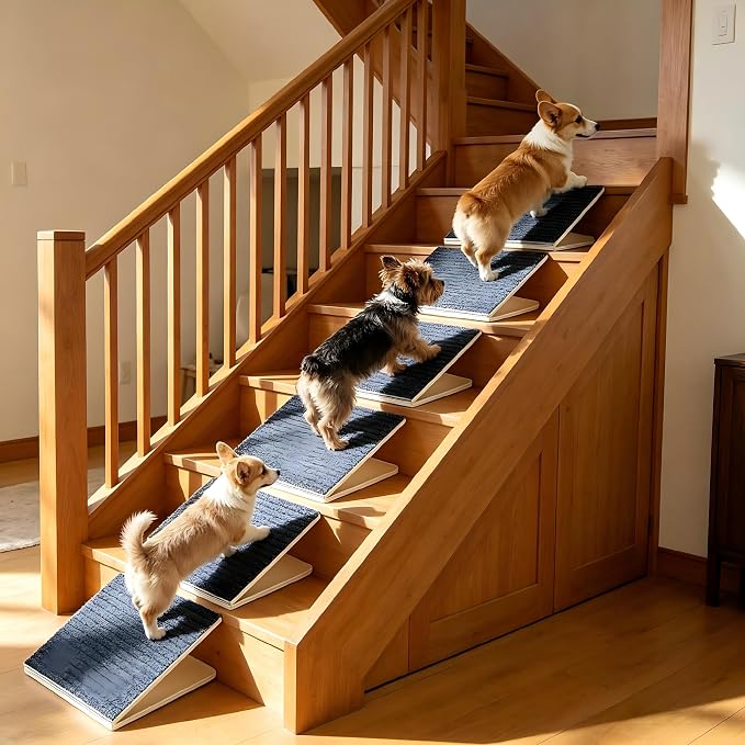 Dog Ramp for Stairs, 2 Pack Foldable Anti-Slip Stair Ramp for Small Dogs, Wooden Pet Steps for Senior, Adjustable Low-Angle Dog Stair