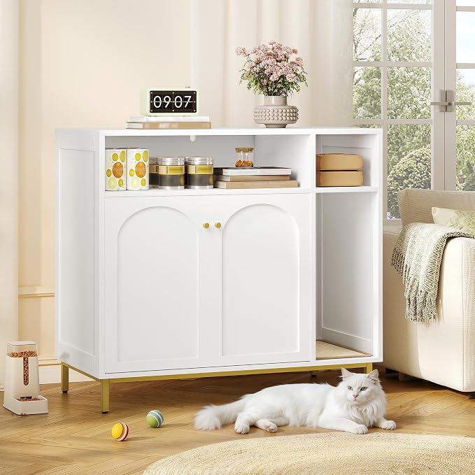 Hzuaneri Cat Litter Box Furniture, Hidden Cat Litter Box Enclosure with Storage, Wooden Cats Cabinet with Scratch Pad, Cats House, Modern End Table for Living Room Entryway, White and Gold CB89503G