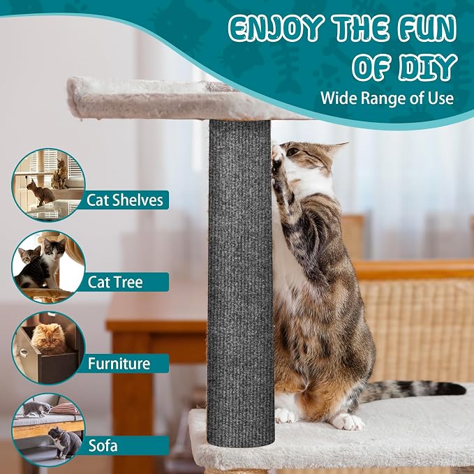 Climbing Cat Scratcher Mat Trimmable Cat Scratching Post Carpet 118’’x15.8’’ Self Adhesive Carpet Mat Pad Replacement for Cat Tree Shelves Post Couch Wall Furniture Steps DIY Protector (Dark Gray)