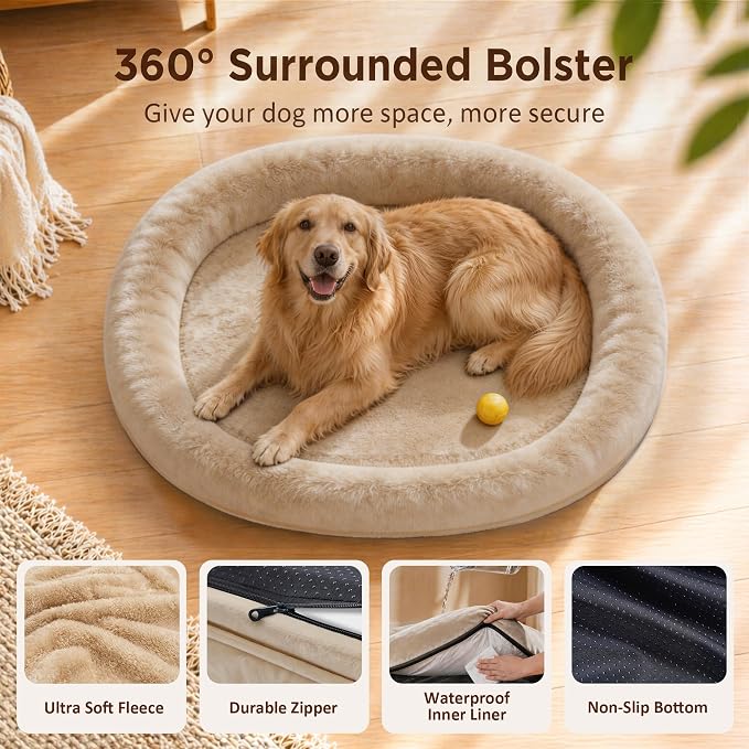 Orthopedic Dog Bed for Large Dogs, Waterproof Dog Bed for Large Size Dogs with Bolsters, Egg Crate Foam Sofa Bed with Washable Removable Cover & Non-Slip Bottom, Light Brown