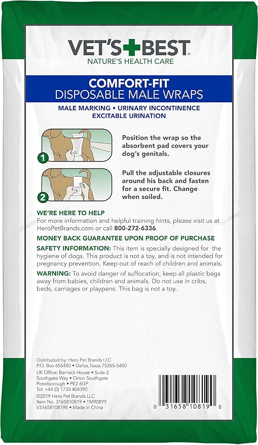 Vet’s Best Comfort Fit Disposable Male Dog Diapers - Absorbent Male Wraps with Leak Proof Fit - Large, 30 Count