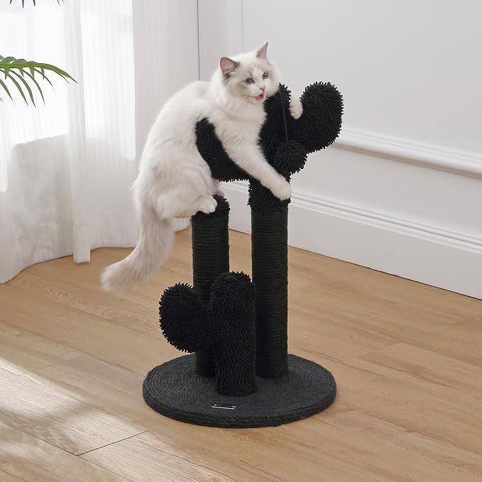 Marfa 21.5" Modern Triple Cactus Cat Scratching Post with Fuzzy Toy, Natural Jute Rope Scratcher with Weighted Non-Slip Base, Black CTR1008B