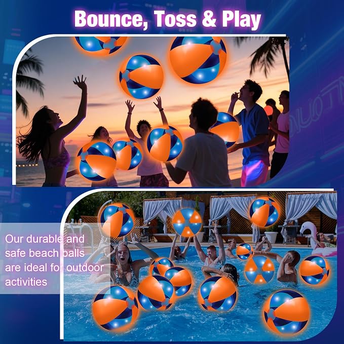 MiniInflat 12 Pcs Light up Beach Balls 16'' Jumbo Pool LED Balls Glow in the Dark Neon Giant Inflatable for Summer Hawaiian Tropical Theme Beach Party Decor Water Accessory (Orange)