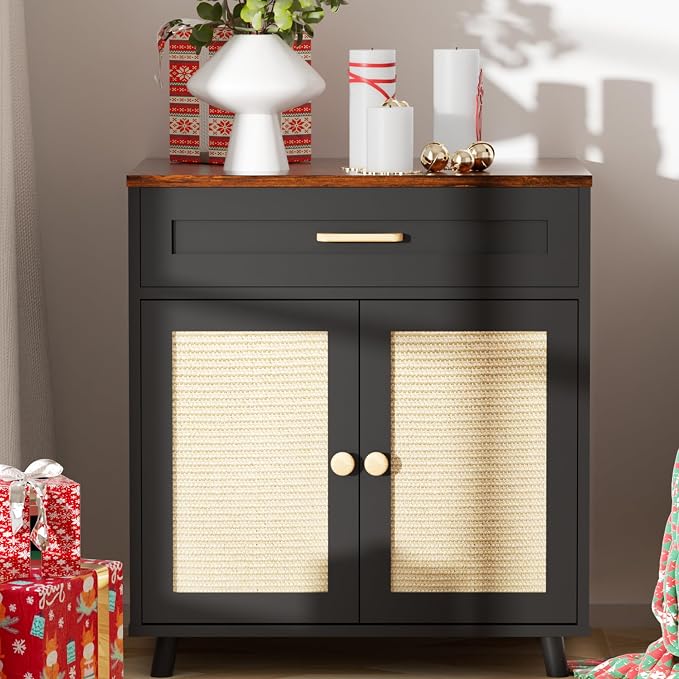 Cat Litter Box Enclosure Litter Box Furniture Hidden with Scratching Board Doors and Drawer Wooden Washroom Cat House Table Nightstand Indoor Box Cabinet,Black