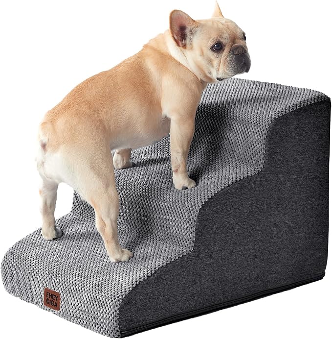 EHEYCIGA Curved Dog Stairs Ramp for Small Dogs 15.7" H, 3-Step Dog Steps for Couch Sofa and Chair, Pet Stairs for Cats, Non-Slip Balanced Pet Steps Indoor, Grey