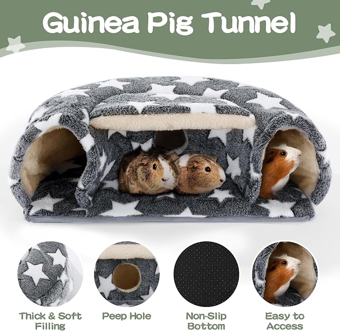 MABOZOO 3 Pack Guinea Pig House Accessories, 2 Cozy Guinea Pig Bed and Hideout Tunnel, Chinchillas Hideout for Hamster, Rabbit, Bunny, Chinchillas (Gray)