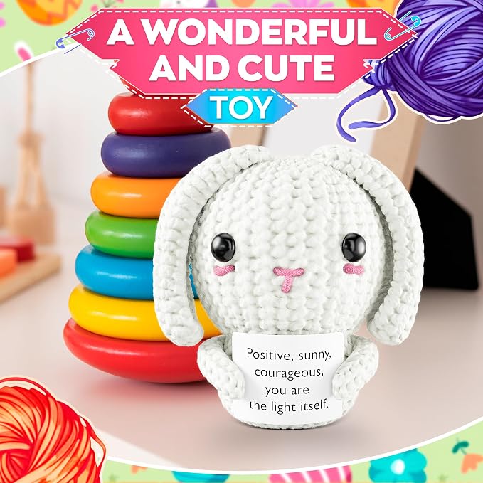 Soft Handcrafted Crochet Bunny Plush - Rabbit With Positive Message Card, Stuffed Bunny Rabbit Mini Pocket Companion for Desk Decor and Travel, Daily Cozy Gift for Mom, Grandma, Sister, Her or Friends