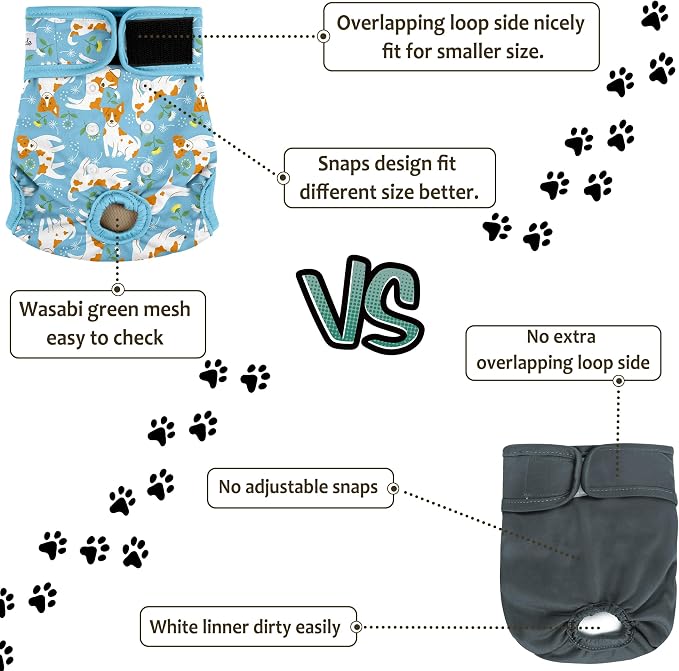 Washable Female Dog Diapers (5 Pack) - Doggie Reusable Small Medium Large Dog Diapers for Doggy Puppy Female in Period - Highly Absorbent Dog Heat Panties,S Plus,Cute Dog Pattern