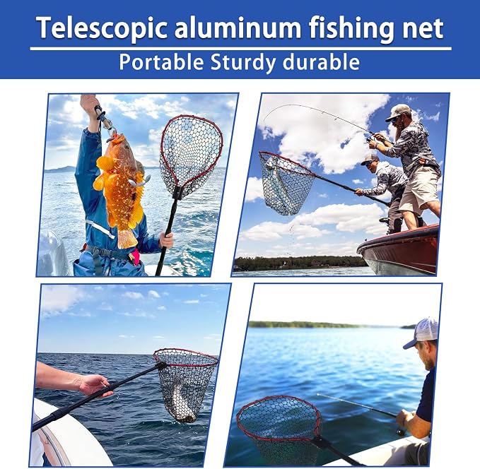 Telescoping Metal Lock Fishing Net with Handle Red Green 64" 52" Rubber Fish Net - Adjustable Length Lightweight Foldable Large Big Collapsible Extendable Fishing Net
