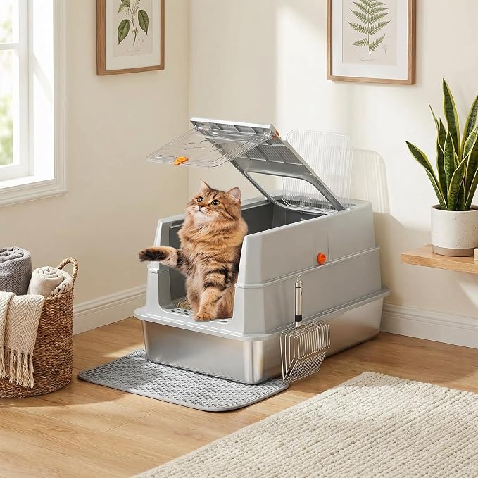 Stainless Steel Litter Box with lid,165° Flip-Top Large Enclosed Cat Litter Box with Metal Litter Scoop & Cat Litter Mat.Non-Sticky, Non-Odor, Easy Cleaning-Light Gray