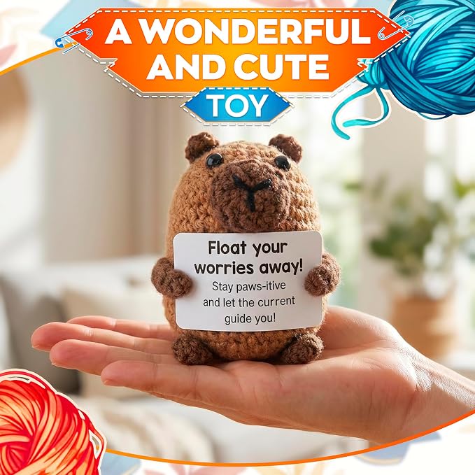 Reluen Crochet Capybara, Float Your Worries Away Handmade Capybara Crochet Figurine with Affirmation Message Card, Desk Decor Gift for Women Men Mom Daughter Sister Coworker Birthday