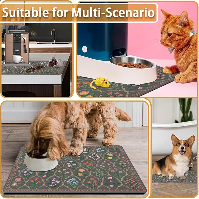 Absorbent Pet Dog Bowl Mat for Food and Water, Pet Cat Food Feeding Mat with Non Slip Rubber Backing, Dog Food Mats for Floors Waterproof, 16"x24"