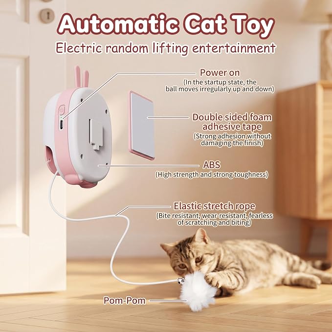 Interactive Cat Toys for Indoor Cats, Automatic Hanging Cat Toys with 6pcs Accessories, 360° Rotating, USB Rechargeable & Auto Pause Electronic Cat Toys for Bored Indoor Adult Cats (Pink)