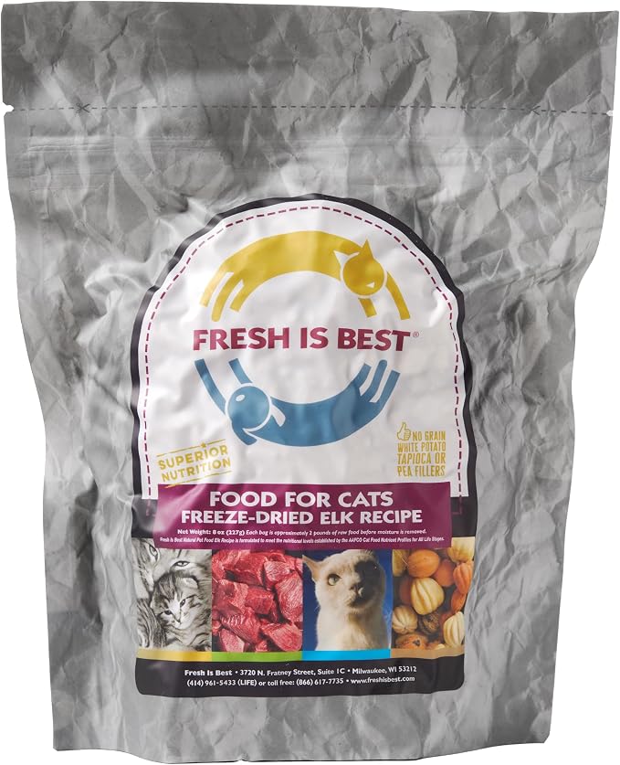 Fresh Is Best Elk Freeze Dried Cat Food – Raw Healthy Freeze Dried Cat Treats in Resealable Zipper Bag – Single High-Protein Complete Meal for All Breeds – Made in the USA